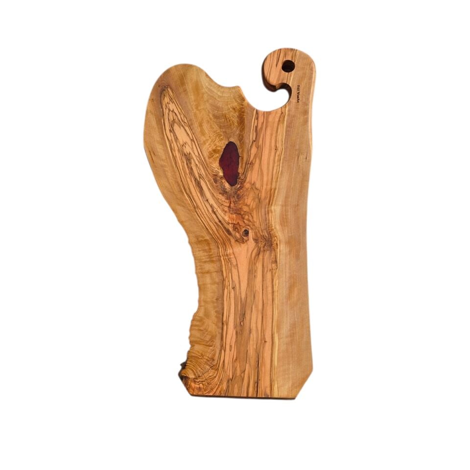 55 x 28/18 cm Doğal Zeytin Ağacı Saplı Kesme - Sunum Tahtası - Yakut rengi Epoksi dolgulu