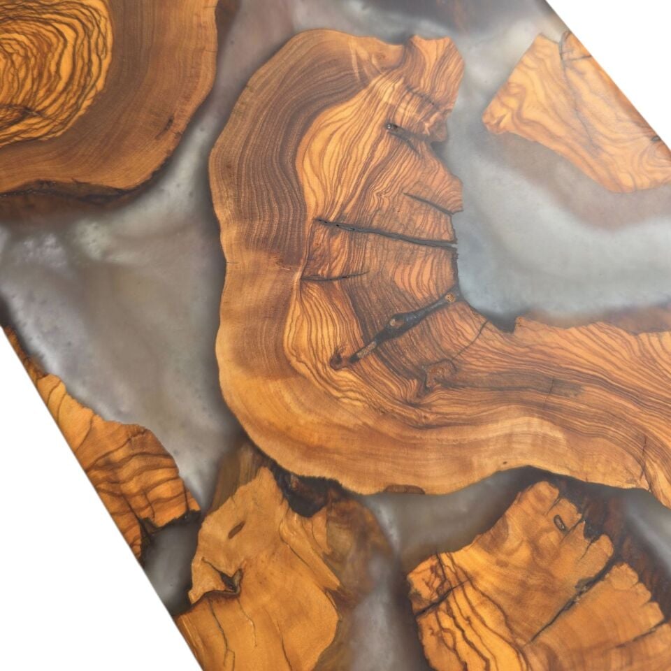 Epoksi ve Doğal Zeytin Ağacı Lüks Sunum Tahtası - beyaz (40 x 18 cm)