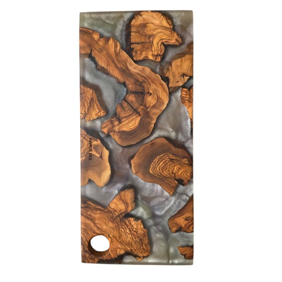 Epoksi ve Doğal Zeytin Ağacı Lüks Sunum Tahtası - beyaz (40 x 18 cm)